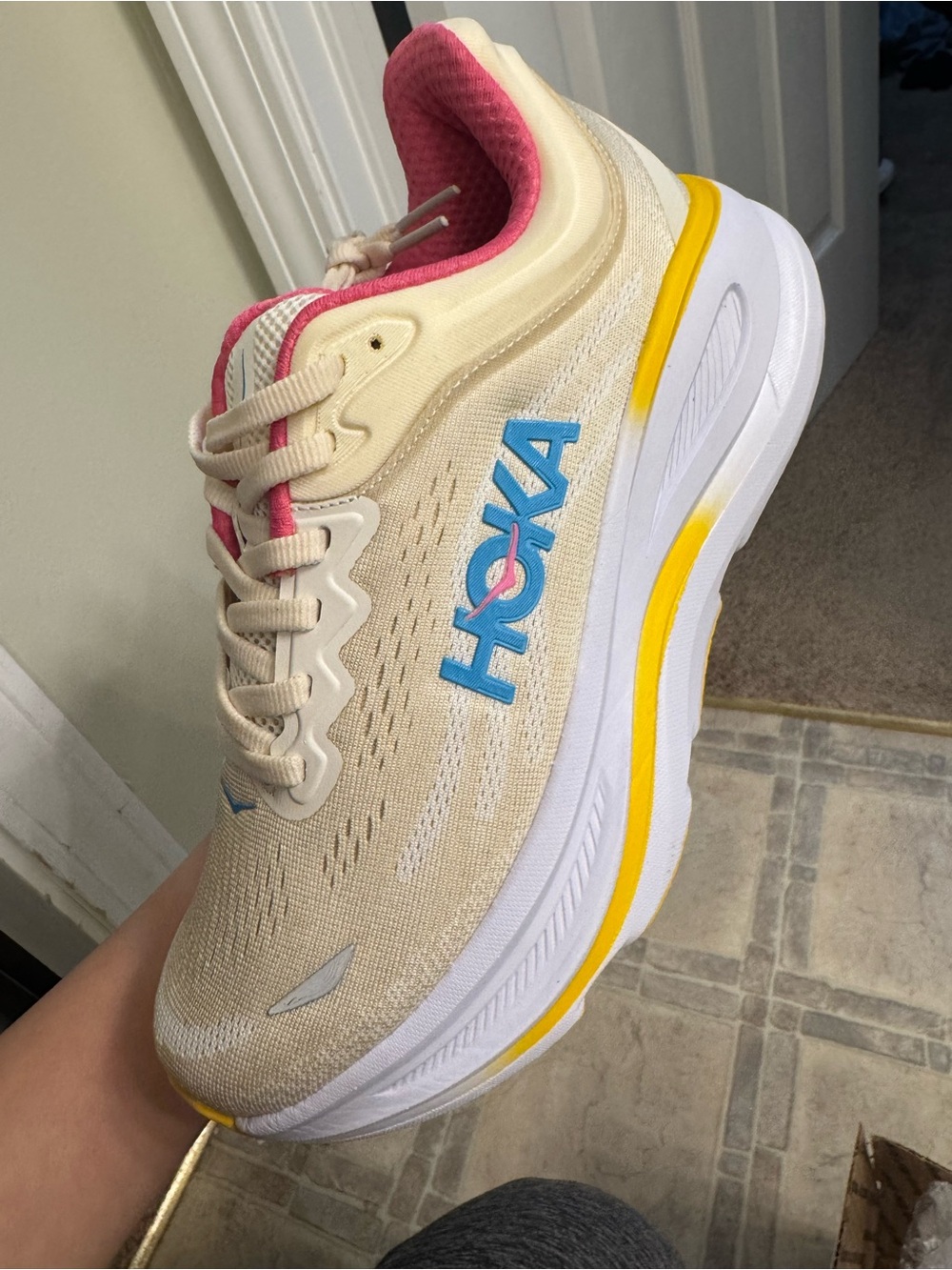 Hoka Bondi 9 Cream Pink Yellow Blue Women's Sneakers - Picture 14 of 15